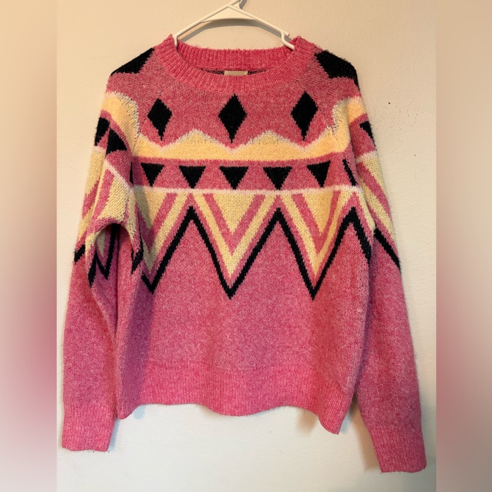 Bibi Brand Pink Yellow Black Geometric Fair Isle Knit Crewneck Sweater Size S